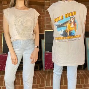 Y2K Harley-Davidson Denver 2007 Pin-Up Girl Cut Off Muscle Tank Skull Gr…